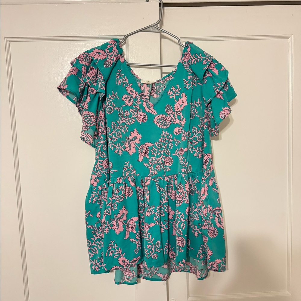 Entro Teal and Pink Floral Blouse